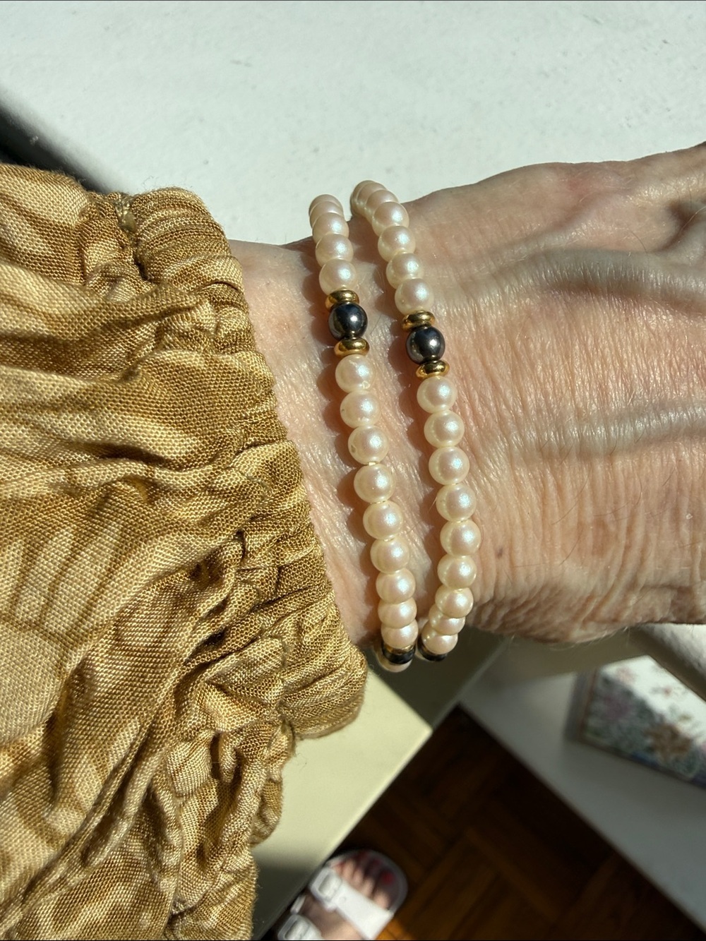 Vintage Monet 2 Strand Bracelet w/ White Faux Pearls, Gray Beads & Gold Spacers.